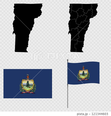 Set of map and map with province, flag and flagpole of Vermont state. Vector illustration. Set of map and map with province, flag and flagpole of Vermont state. Vector illustration. 121344603
