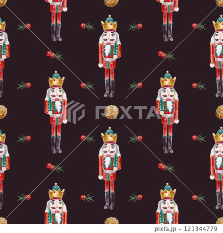 Nutcracker, walnut, berries, seamless pattern. Hand drawn watercolor illustration on dark background. Wrapping paper, fabric, wallpaper, covers. Nutcracker, walnut, berries, seamless pattern. Hand drawn watercolor illustration on dark background. Wrapping paper, fabric, wallpaper, covers. 121344779