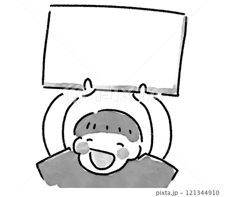 素朴なイラストタッチ・パネルを持つ笑顔の子供、小学生 121344910