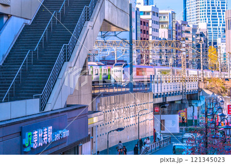 日本の東京都市景観 新風景・恵比寿駅やリニューアルされた成田エクスプレス、山手線、渋谷などを望む 121345023