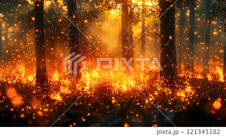 激しく燃え上がる森林（山火事）の風景 121345182