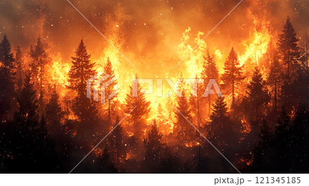 激しく燃え上がる森林（山火事）の風景 121345185
