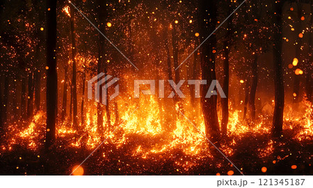 激しく燃え上がる森林（山火事）の風景 121345187