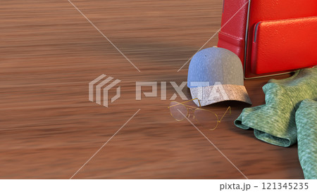 The Cap and Bag on wood table  for travel or holiday concept 3d rendering. 121345235