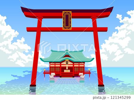 青空の下、静かな湖面に建つ神社と大きな通り 121345299