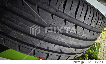 detailed image of a brand new car tire showcasing its intricate tread pattern for enhanced grip and performance detailed image of a brand new car tire showcasing its intricate tread pattern for enhanced grip and performance 121345441