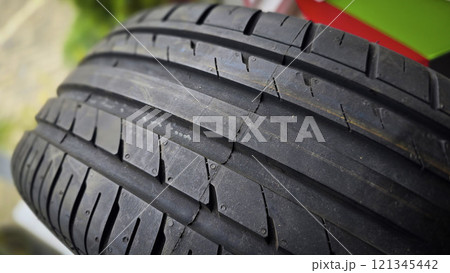 detailed image of a brand new car tire showcasing its intricate tread pattern for enhanced grip and performance 121345442