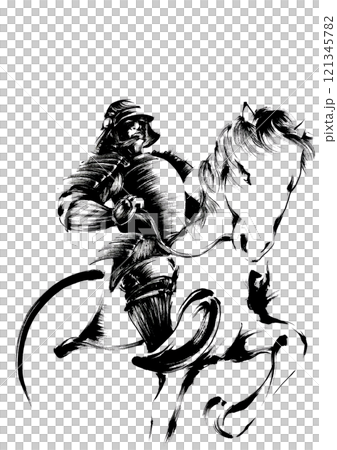 Illustration of a Samurai on horseback 121345782