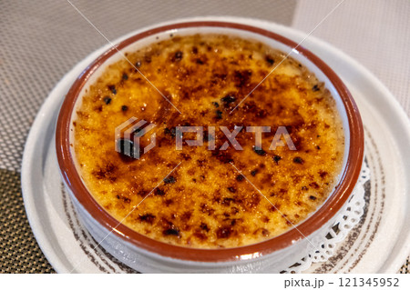 Creme Brulee, also known as burnt cream, a dessert with rich custard base and topped by caramel Creme Brulee, also known as burnt cream, a dessert with rich custard base and topped by caramel 121345952