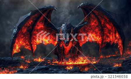 ドラゴンと対峙する勇敢な戦士 121346038