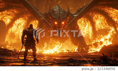 ドラゴンと対峙する勇敢な戦士 ドラゴンと対峙する勇敢な戦士 121346050