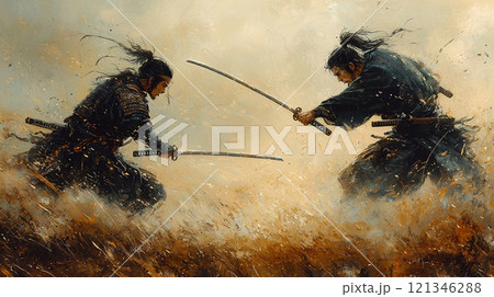 決闘する二人の侍 、戦いの決着の瞬間 決闘する二人の侍 、戦いの決着の瞬間 121346288