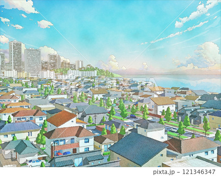 海のある背景 都市 家 住宅 街 手描き風 BG 水彩画のイラスト素材