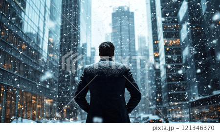 雪降る都市を眺めるビジネスマンの背中	 121346370
