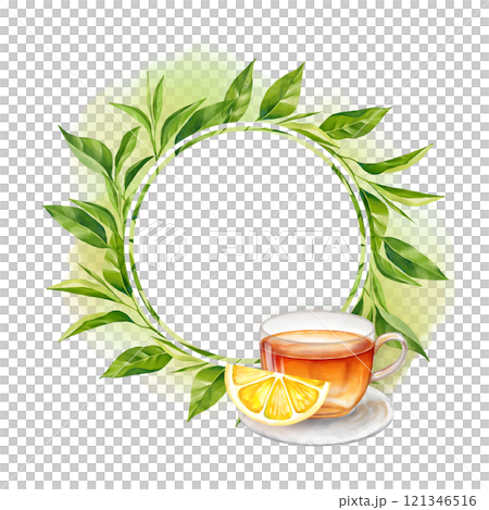 Cup of tea, lemon piece and round frame with tea leaves. Hand drawn illustration 121346516