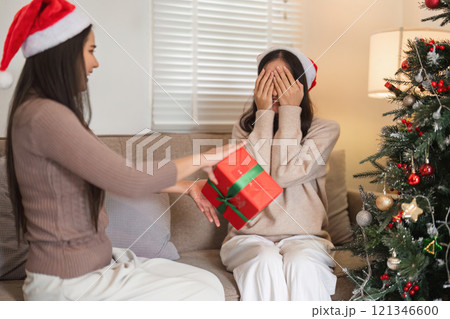 Young Woman Couple Surprises Each Other with Gift Box on Cozy Christmas Day Celebration at Home Young Woman Couple Surprises Each Other with Gift Box on Cozy Christmas Day Celebration at Home 121346600