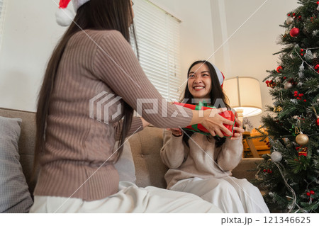 Joyful Young Couple Celebrating Christmas Together with Gifts and Festive Cheer in a Cozy Home Setting 121346625