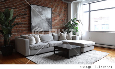 レンガの壁とスタイリッシュなリビングルームのデザイン	 121346724