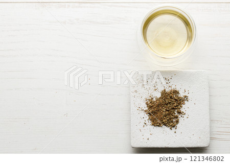 cup of hot tea and tea bag 121346802