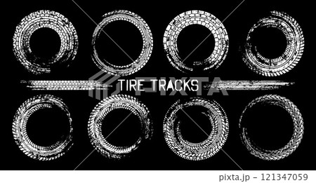 Grunge circle tire tracks, wheel braking marks. Truck, car or motorcycle tread pattern silhouettes. Auto race, motorsport, speed racing design element. Vector illustration 121347059