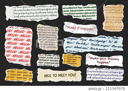 Ripped paper strips with handwritten text. Realistic crumpled paper scraps with torn edges. Shreds of notebook, book or old newspaper pages. Trendy collage elements. Vector illustration Ripped paper strips with handwritten text. Realistic crumpled paper scraps with torn edges. Shreds of notebook, book or old newspaper pages. Trendy collage elements. Vector illustration 121347078