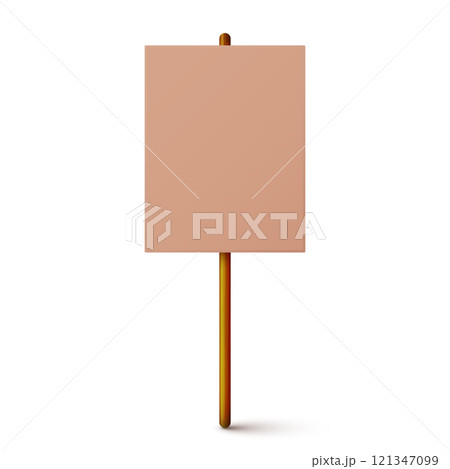 Blank colorful protest sign with wooden holder. Demonstration banner. Strike action cardboard placard mockup. Social advertisement. Vector illustration Blank colorful protest sign with wooden holder. Demonstration banner. Strike action cardboard placard mockup. Social advertisement. Vector illustration 121347099
