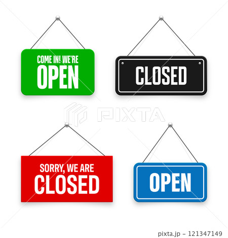 Realistic open or closed hanging signboards. Vintage door sign for cafe, restaurant, bar or retail store. Announcement banner, information signage for business or service. Vector illustration 121347149
