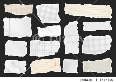Ripped paper strips. Realistic crumpled paper scraps with torn edges. Shreds of notebook, book or old newspaper pages. Trendy collage elements. Vector illustration Ripped paper strips. Realistic crumpled paper scraps with torn edges. Shreds of notebook, book or old newspaper pages. Trendy collage elements. Vector illustration 121347150