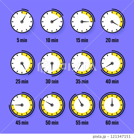 Stopwatch icons. Colorful simple chronometer, time counter with dial. Countdown timer showing hours and minutes. Deadline, measurement for sport. Cooking time label, sticker. Vector illustration 121347151