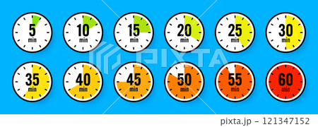 Stopwatch icons. Colorful simple chronometer, time counter with dial. Countdown timer showing hours and minutes. Deadline, measurement for sport. Cooking time label, sticker. Vector illustration 121347152