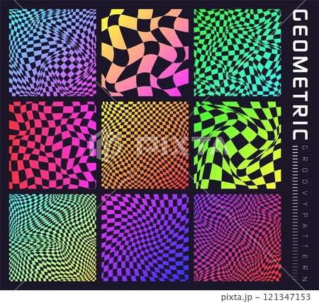 Groovy checkered pattern, colorful distorted tiled grid. Vintage wavy curved backdrop, distortion effect. Funky geometric chessboard texture, retro background in 90s style, y2k. Vector illustration Groovy checkered pattern, colorful distorted tiled grid. Vintage wavy curved backdrop, distortion effect. Funky geometric chessboard texture, retro background in 90s style, y2k. Vector illustration 121347153
