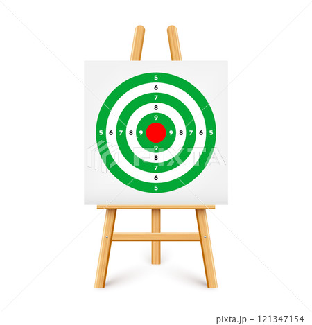 Shooting range target on a wooden easel stand. Paper target with divisions, marks and numbers. Archery, gun shooting and training, sport competition, hunting. Bullseye and aim. Vector illustration Shooting range target on a wooden easel stand. Paper target with divisions, marks and numbers. Archery, gun shooting and training, sport competition, hunting. Bullseye and aim. Vector illustration 121347154