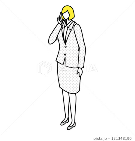 アイソメトリック_スーツ姿で電話をする女性のイラスト アイソメトリック_スーツ姿で電話をする女性のイラスト 121348190