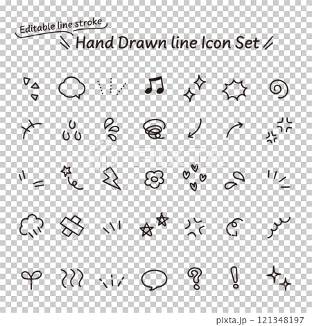 Vector data that allows you to edit lines. A set of monochrome icons with hand-drawn emotions that can also be used in manga. 121348197