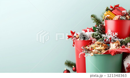 Christmas waste concept. Overflowing holiday garbage bins with rotting food and festive decorations 121348363