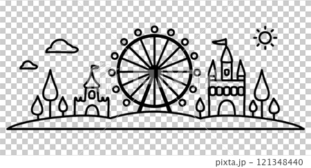 観覧車とメルヘンな城のある遊園地の線画イラスト　透過背景の切り抜き 121348440