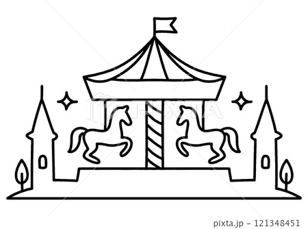 メルヘンチックなメリーゴーランドの線画イラスト　透過背景の切り抜き 121348451