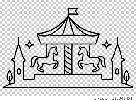 メルヘンチックなメリーゴーランドの線画イラスト　透過背景の切り抜き 121348451