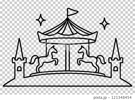 童話般的旋轉木馬的線條畫插圖，透明背景上的切口 121348454