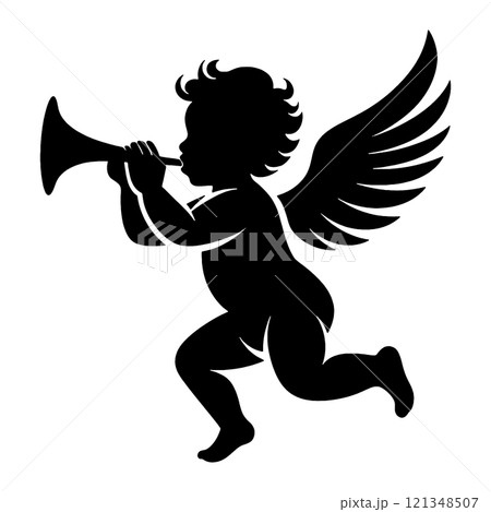 ラッパを吹いている赤ちゃんの天使のシルエットイラスト 透過背景の切り抜き ラッパを吹いている赤ちゃんの天使のシルエットイラスト 透過背景の切り抜き 121348507