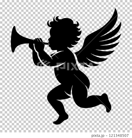 ラッパを吹いている赤ちゃんの天使のシルエットイラスト 透過背景の切り抜き ラッパを吹いている赤ちゃんの天使のシルエットイラスト 透過背景の切り抜き 121348507
