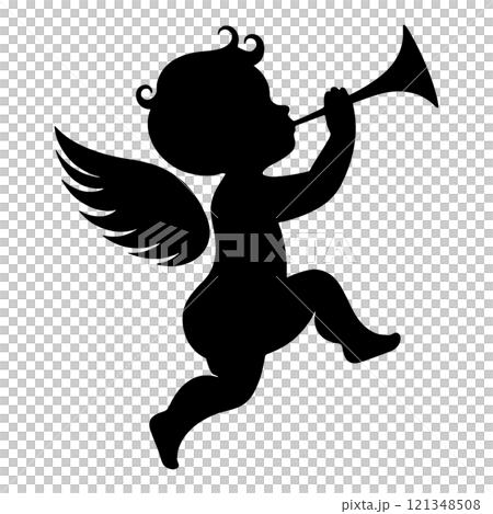 Silhouette illustration of a baby angel playing a trumpet, cut out on transparent background Silhouette illustration of a baby angel playing a trumpet, cut out on transparent background 121348508