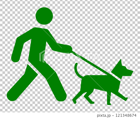 Pictogram-style illustration of a person walking a dog, cut out on transparent background 121348674