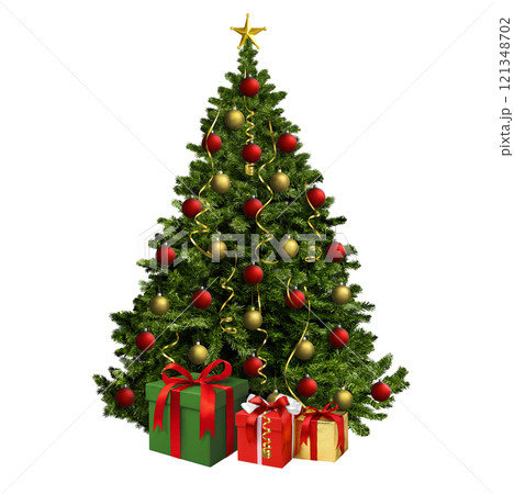 A Beautifully Festively Decorated Christmas Tree Surrounded by Gifts Underneath It 121348702