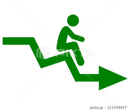 下降する矢印の上に座っている人のピクトグラム風イラスト　失敗のイメージ　透過背景の切り抜き 121348937