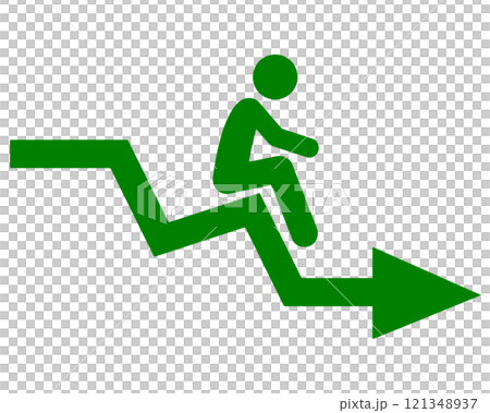 下降する矢印の上に座っている人のピクトグラム風イラスト　失敗のイメージ　透過背景の切り抜き 121348937