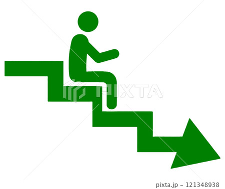 下降する矢印の上に座っている人のピクトグラム風イラスト　失敗のイメージ　透過背景の切り抜き 121348938
