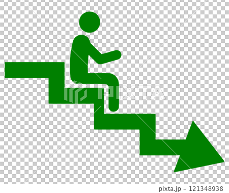 象形圖式的插圖,顯示一個人坐在下降的箭頭上,失敗的圖像,透明背景上的切口 象形圖式的插圖,顯示一個人坐在下降的箭頭上,失敗的圖像,透明背景上的切口 121348938