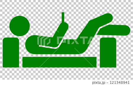 A pictogram-style illustration of a person lying down in a sloppy pose on a sofa and looking at a smartphone screen. Transparent background 121348941