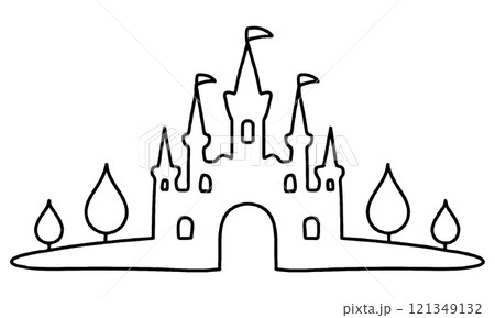 メルヘンチックな城の線画イラスト　透過背景の切り抜き 121349132